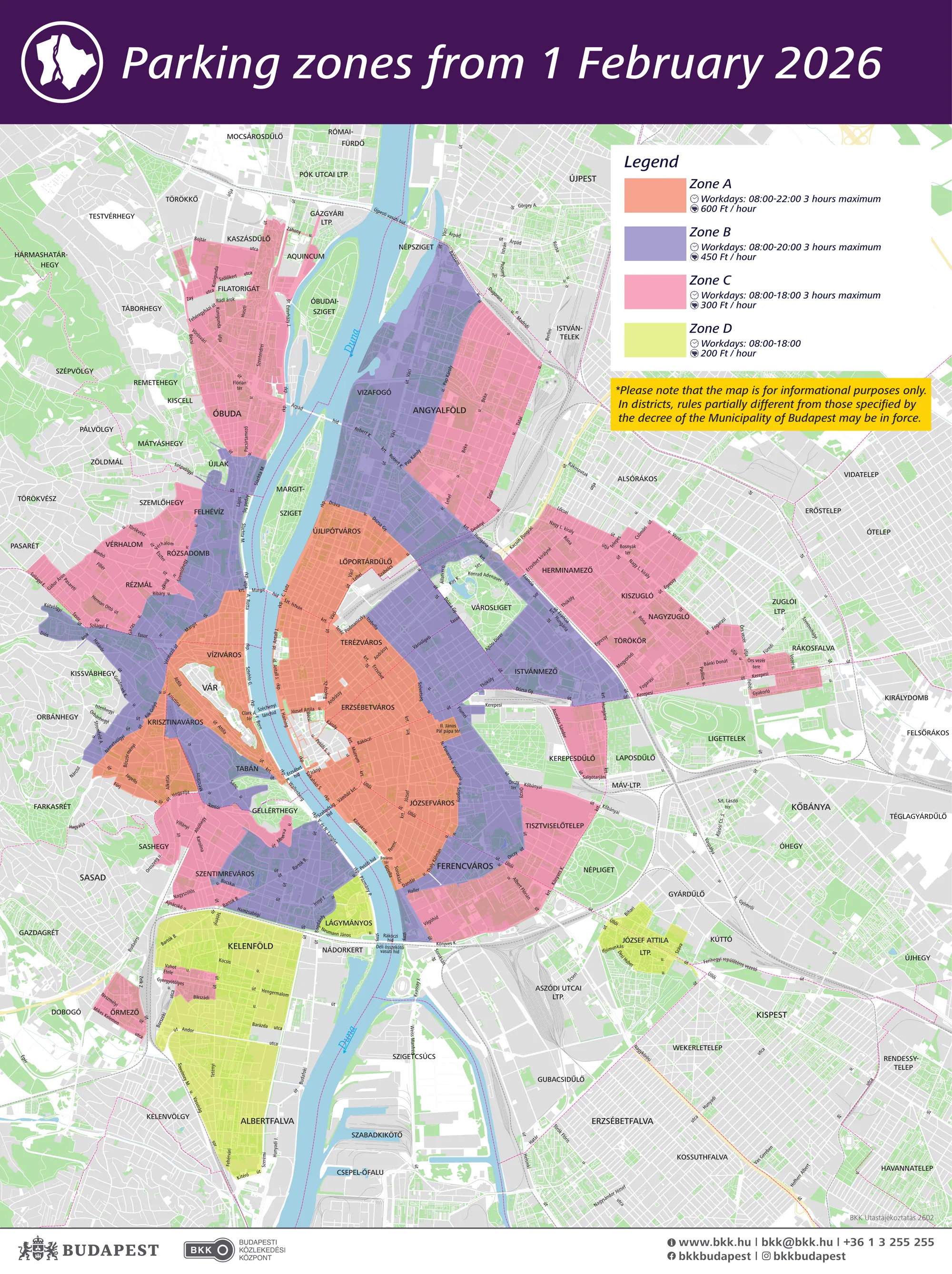 Official Budapest parking zone map from 1 February 2026 showing zones A, B, C and D across the city