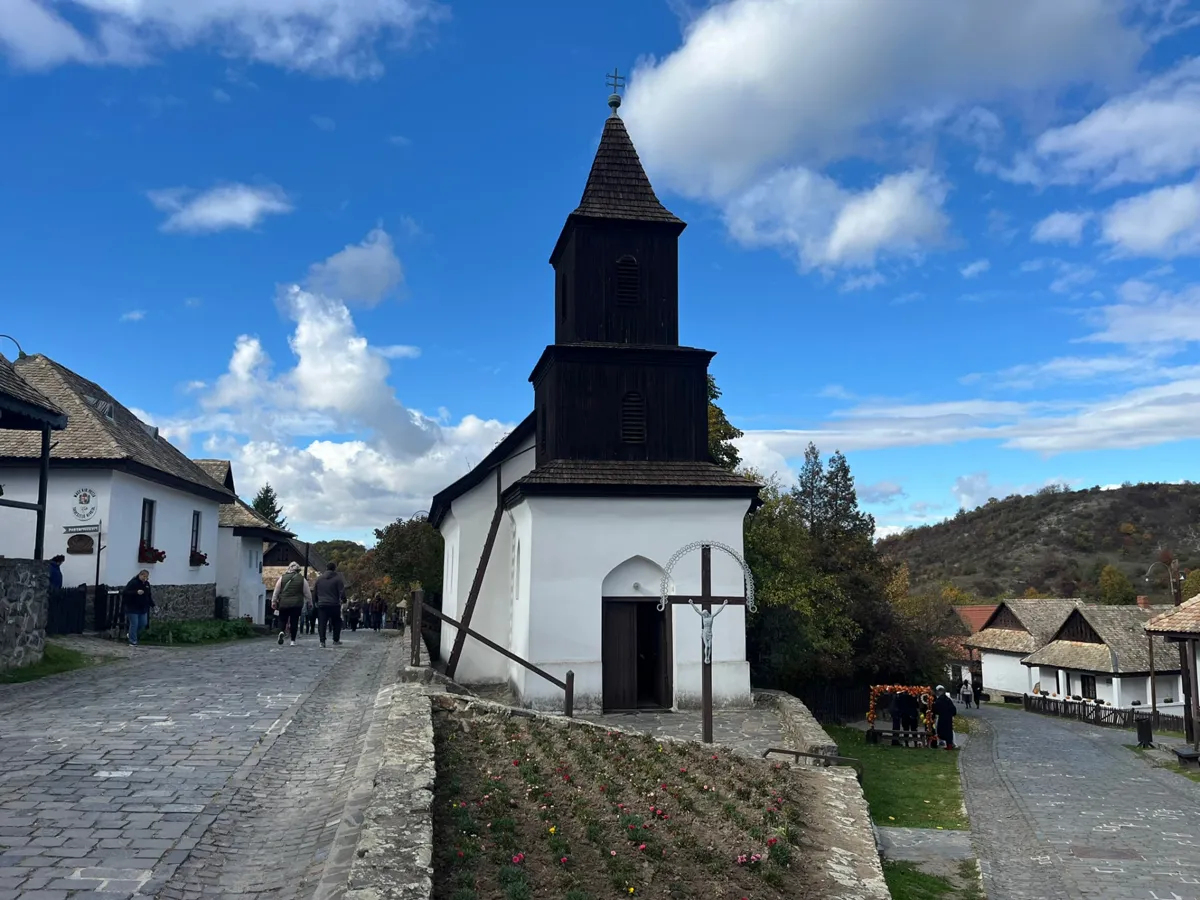 Traditional whitewashed village church at Hollókő