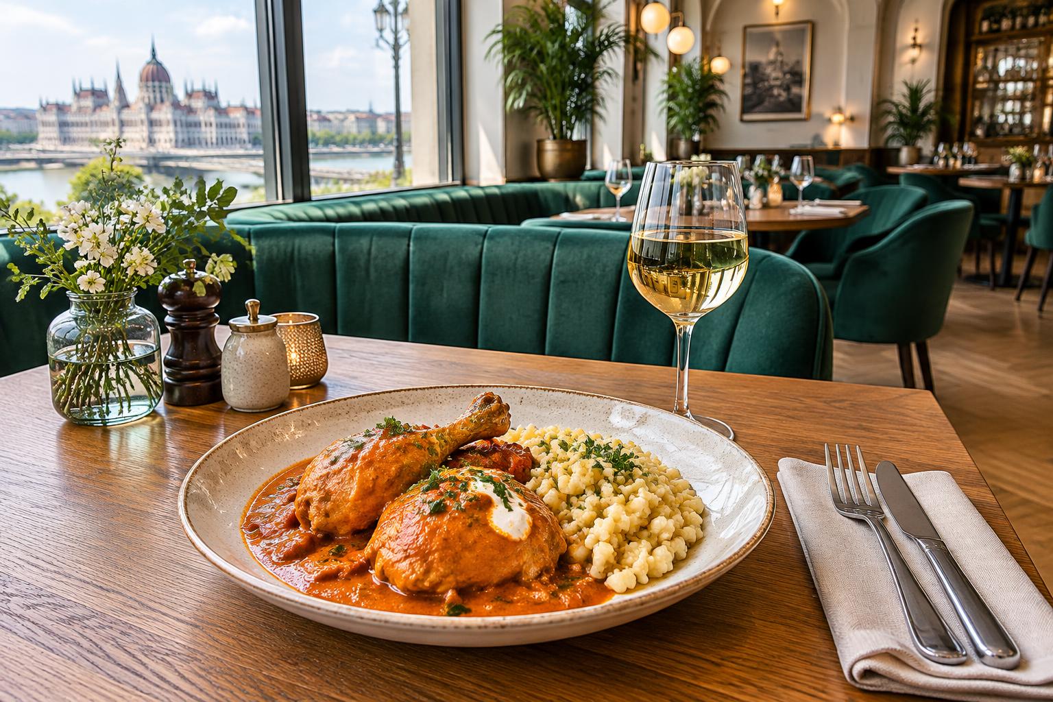 Illustrative contemporary Hungarian bistro setting with chicken paprikash and wine