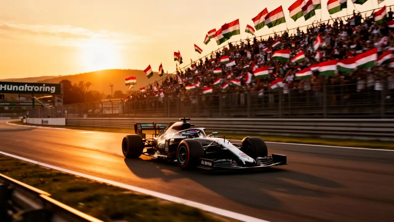 Formula 1 car at the Hungaroring at sunset, grandstands with Hungarian flags