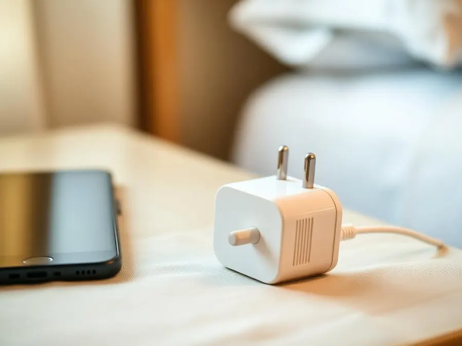European two-round-pin travel plug adapter on a hotel bedside table