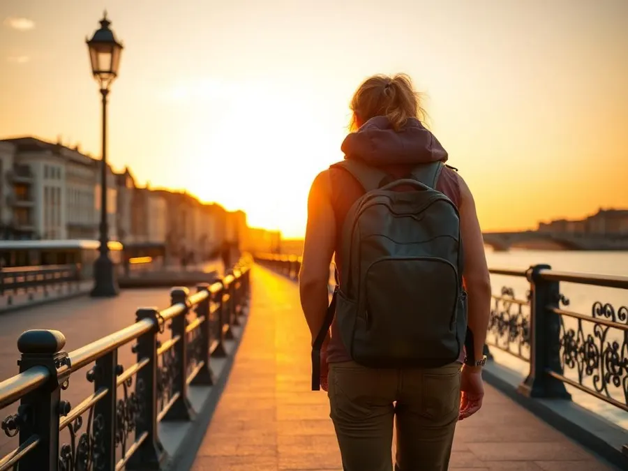 Traveller with a compact day backpack walking along a riverside promenade at sunset