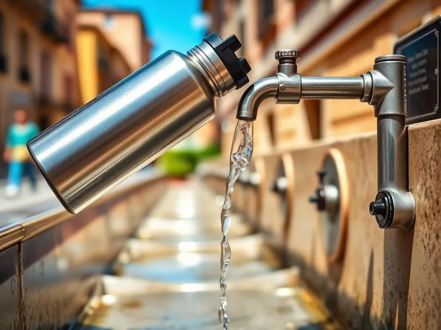 Reusable steel water bottle being filled at a public drinking fountain