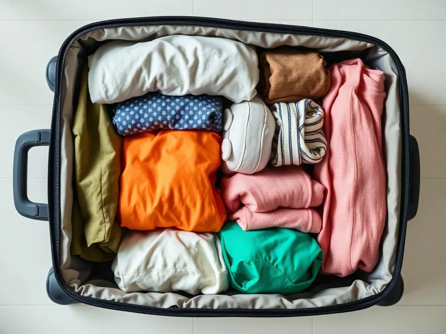 Clothes packed into fabric packing cubes inside an open carry-on suitcase