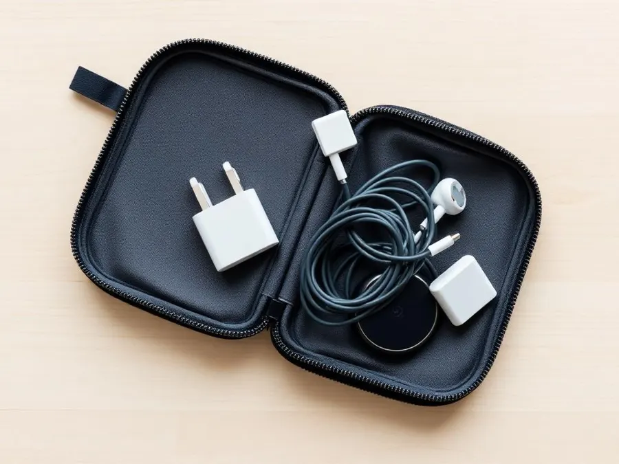 Zip travel organiser pouch holding charging cables, adapter and earphones