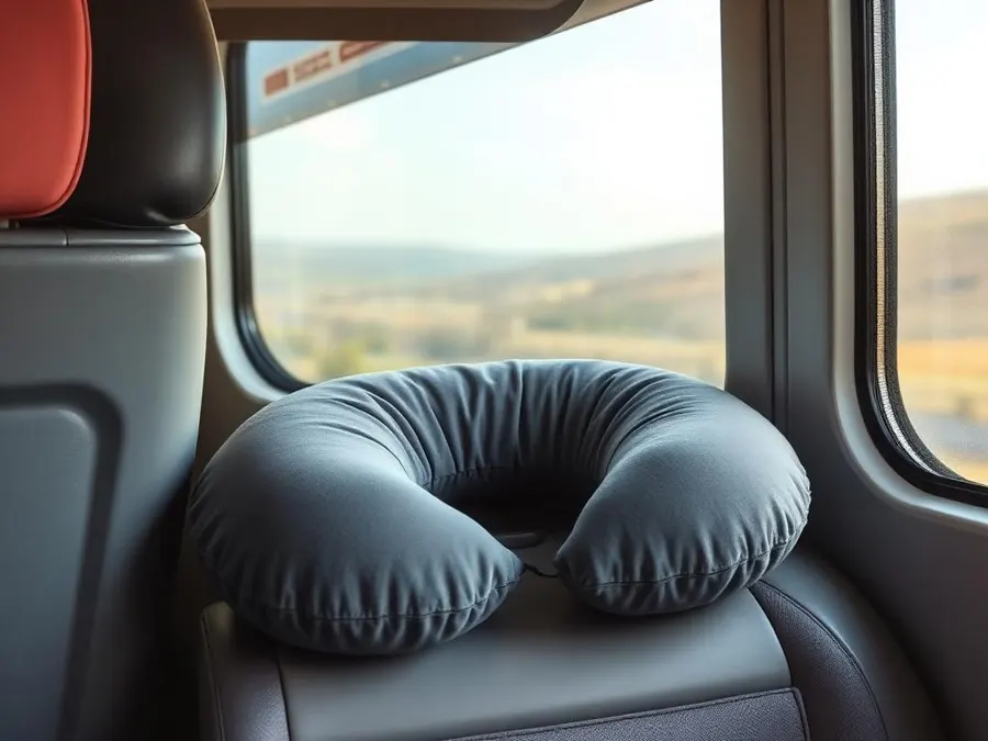Grey travel neck pillow on a train seat beside a window