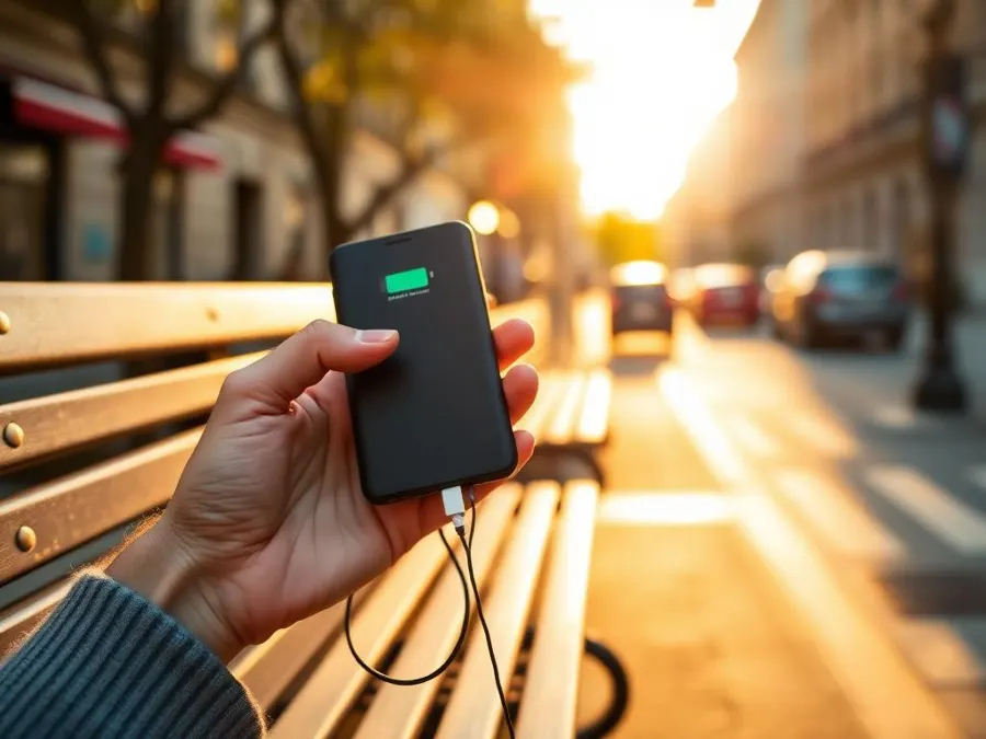 Traveller charging a phone from a portable power bank on a city bench