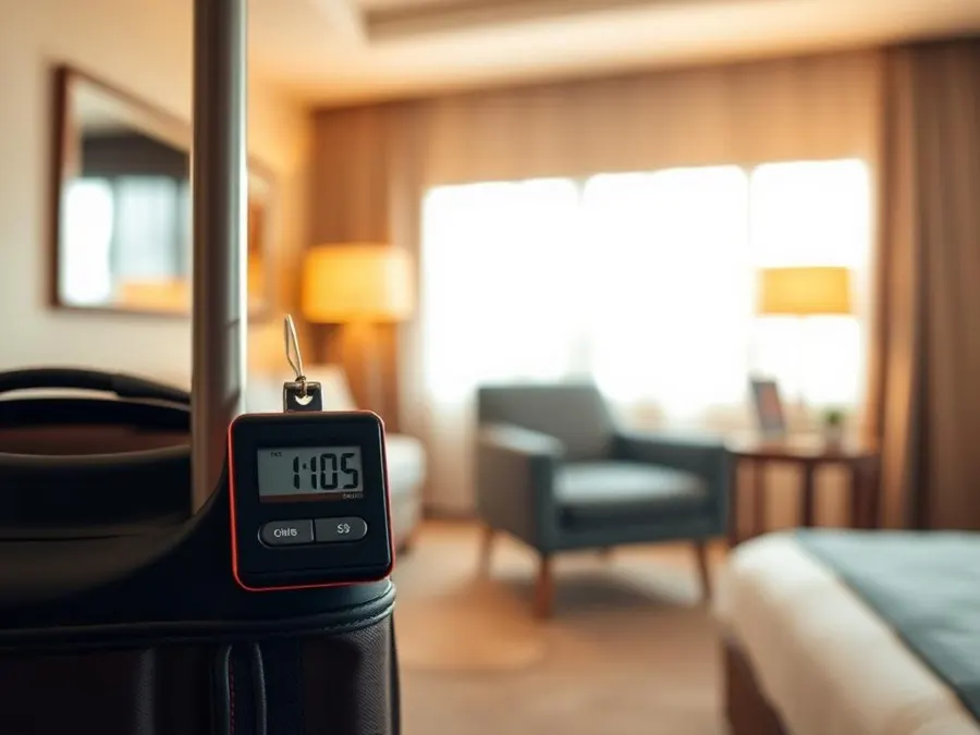 Handheld digital luggage scale clipped to a suitcase handle in a hotel room