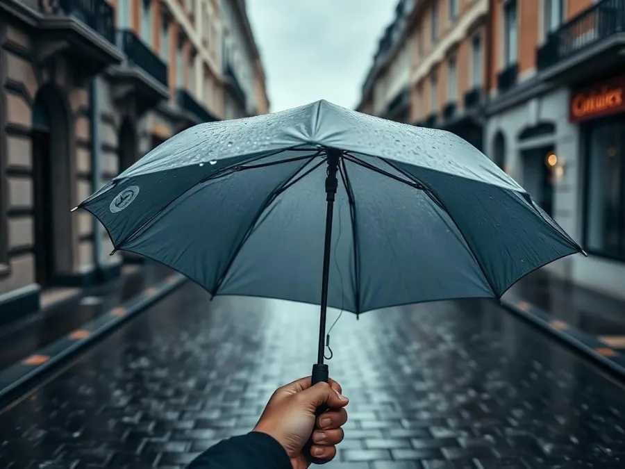 Compact folding umbrella held open on a rainy European city street