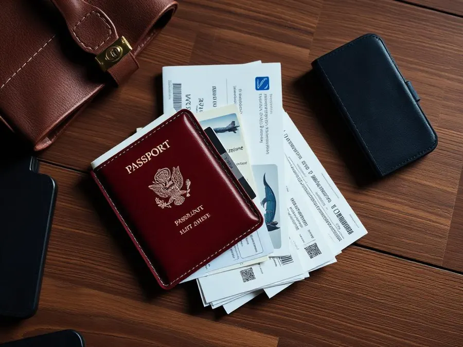 Passport wallet with boarding passes and cards laid out on a wooden table