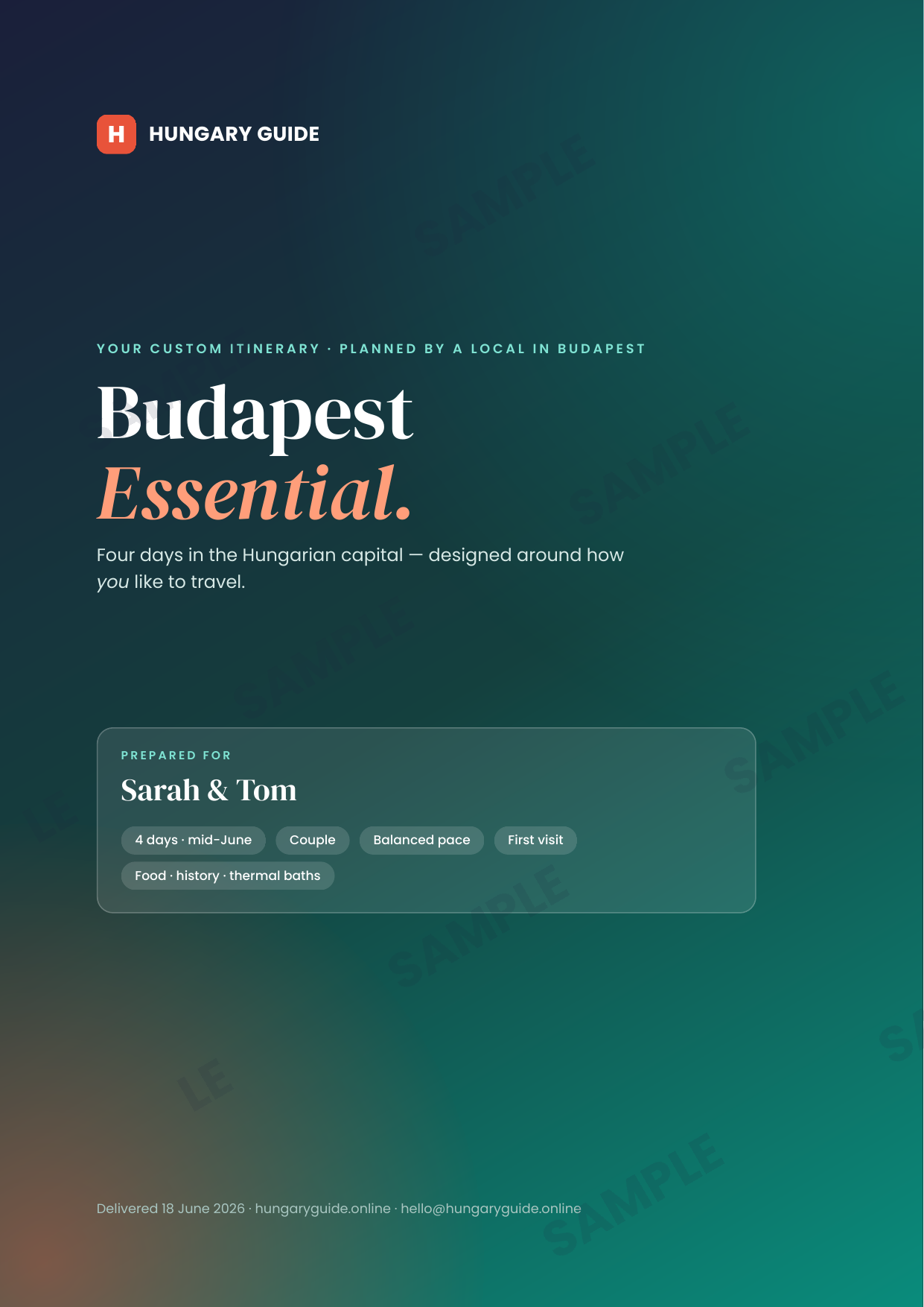 Sample itinerary cover page — Budapest Essential