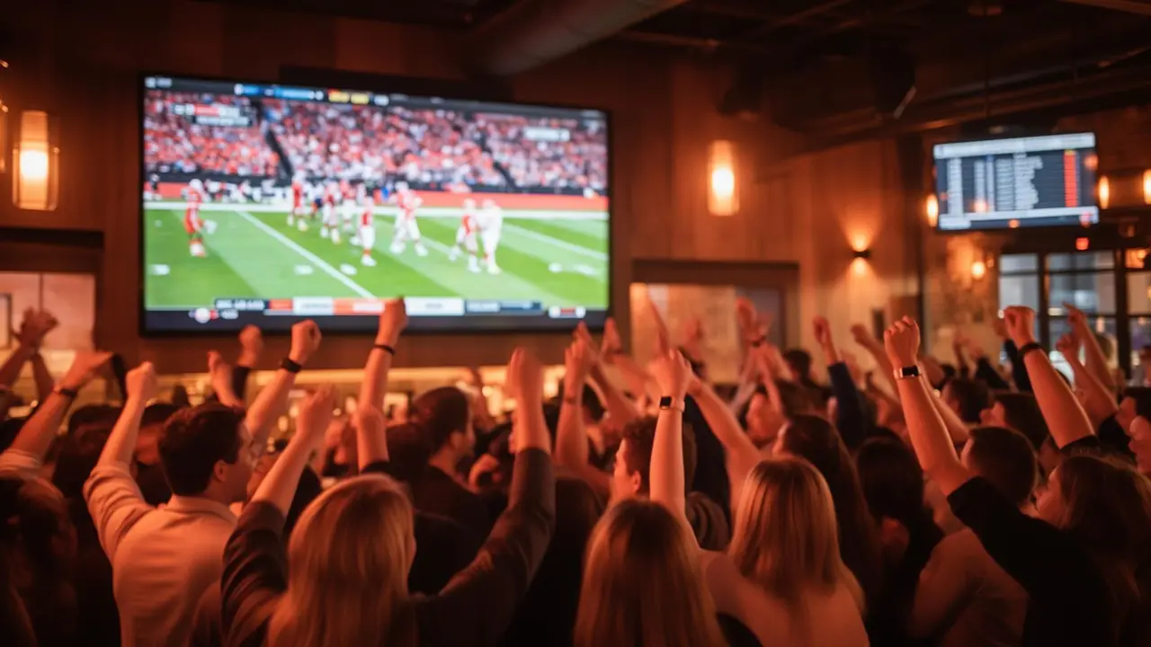 Crowd cheering at a sports bar watching football